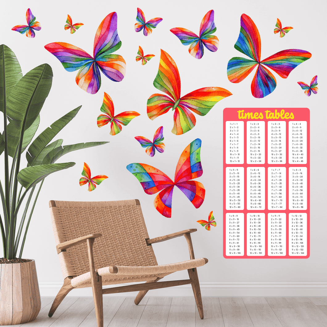 Times Tables Wall Chart and Butterfly Wall Decals (Rainbow)