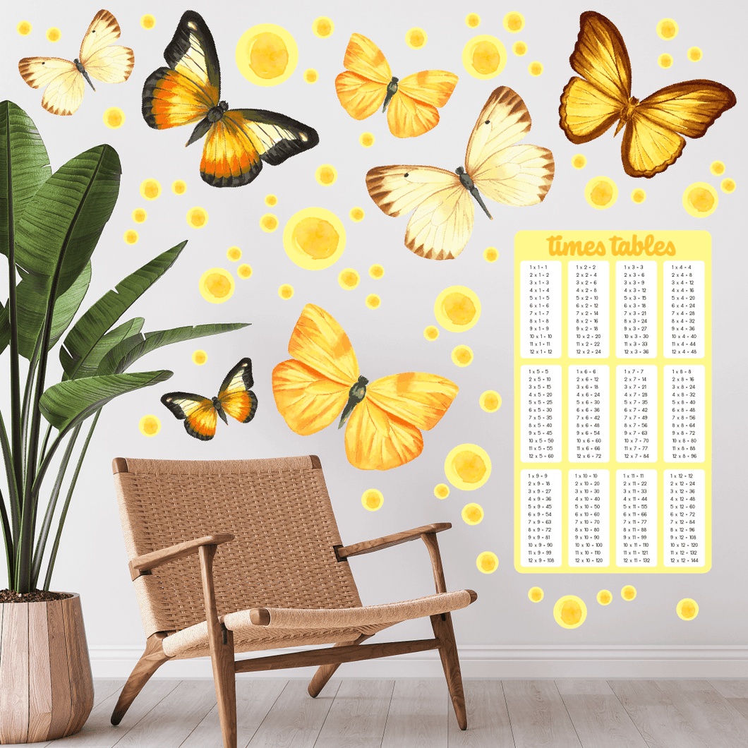 Times Tables Wall Chart and Butterfly Wall Decals (Yellow)
