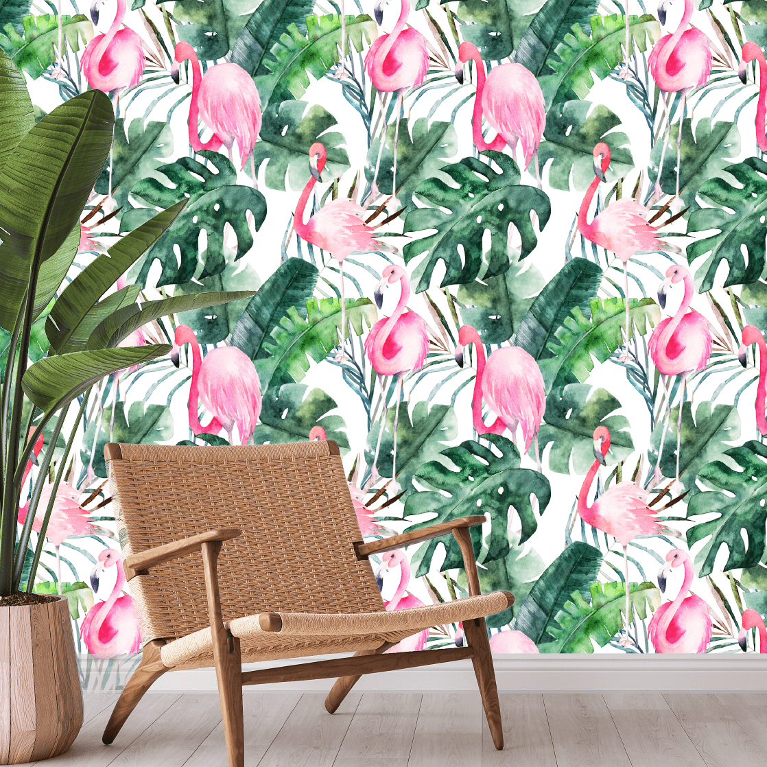 Green Tropical Flamingo Wallpaper- Feathr Wallpapers